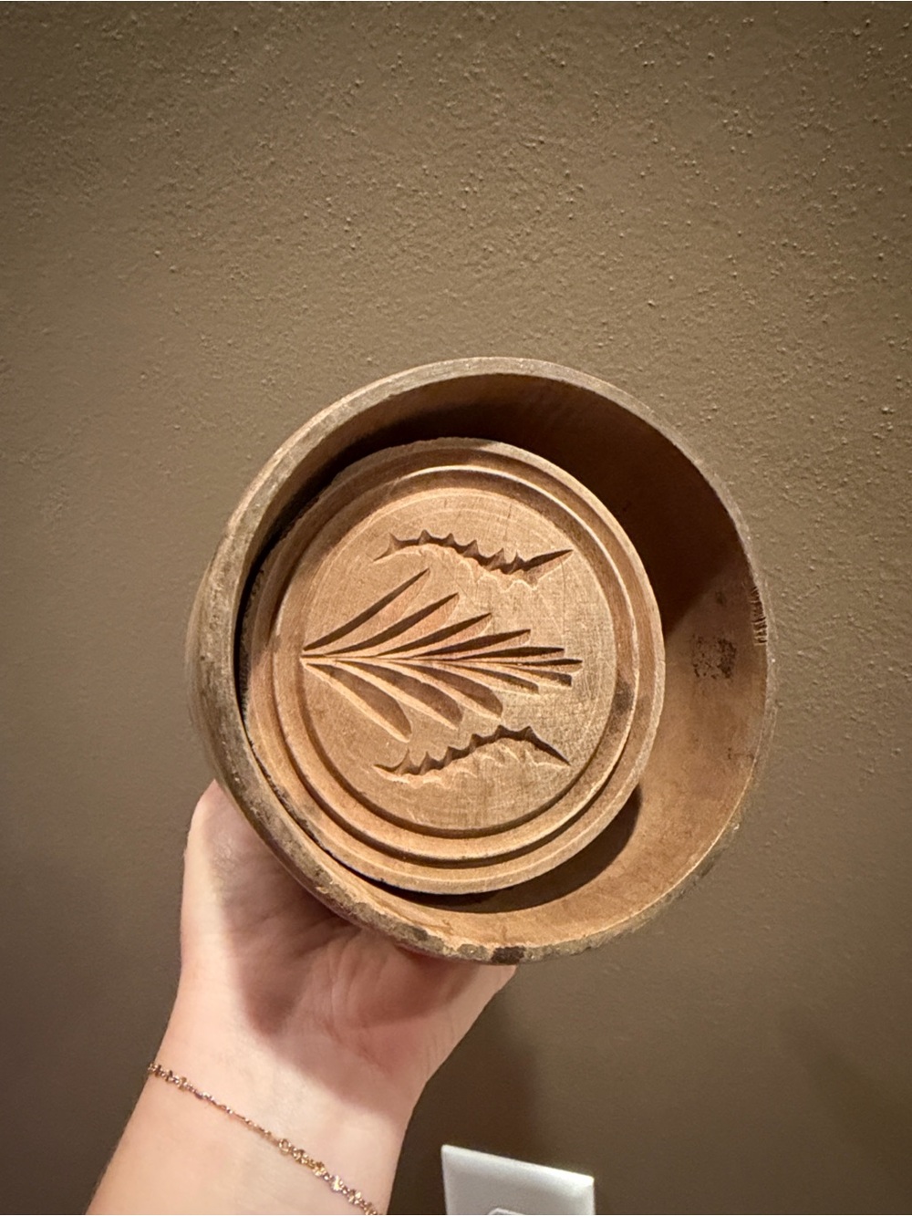 Antique Wooden Butter Mold Press Primitive Carved Design Floral Vintage Kitchen